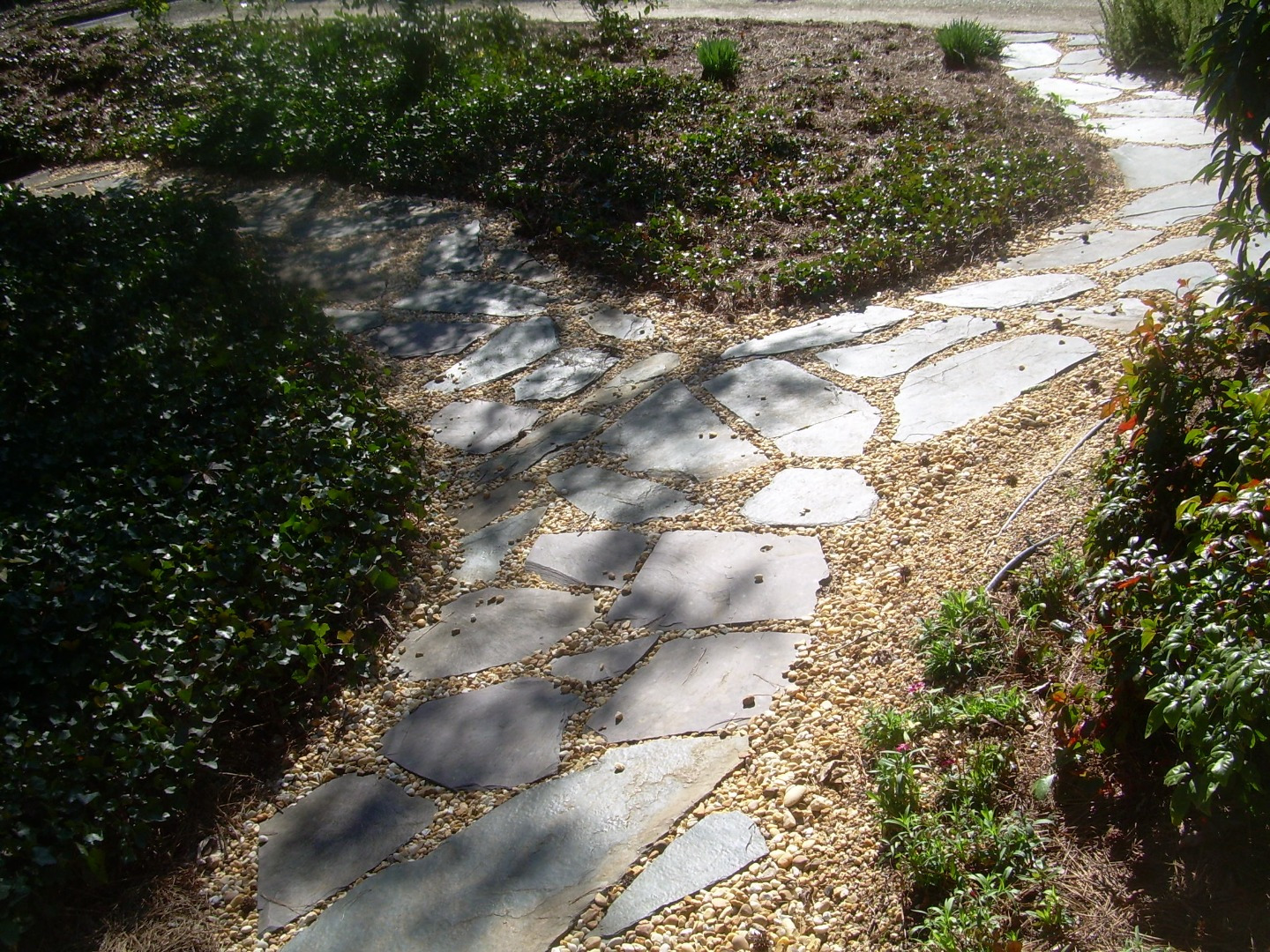 A branching flagstone garden walk laid in pale gravel