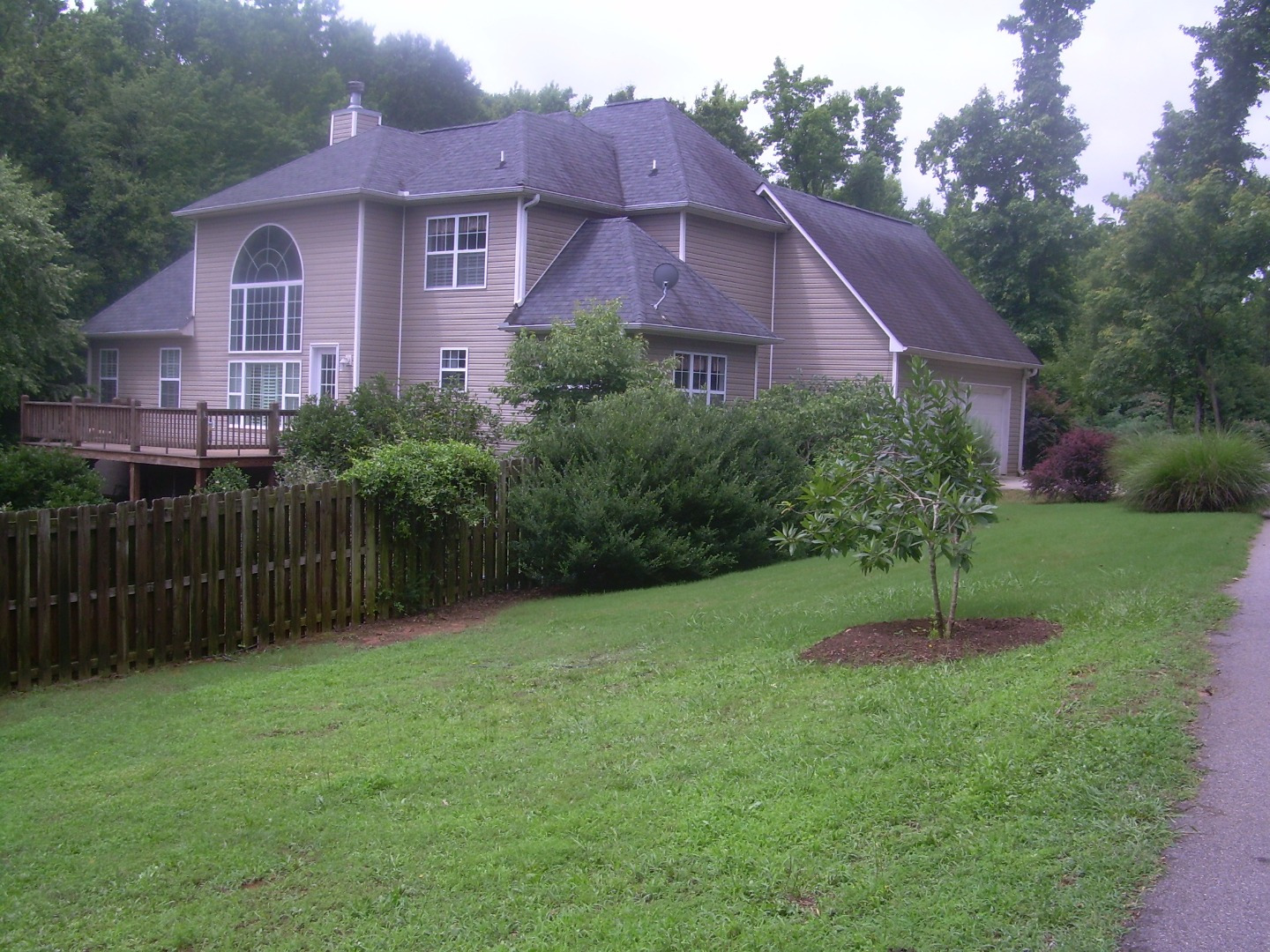 A maintained lawn bordered by layered shrubs and mature trees